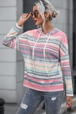 Multicolor Striped Printed Cable Knit Drop Shoulder Hoodie