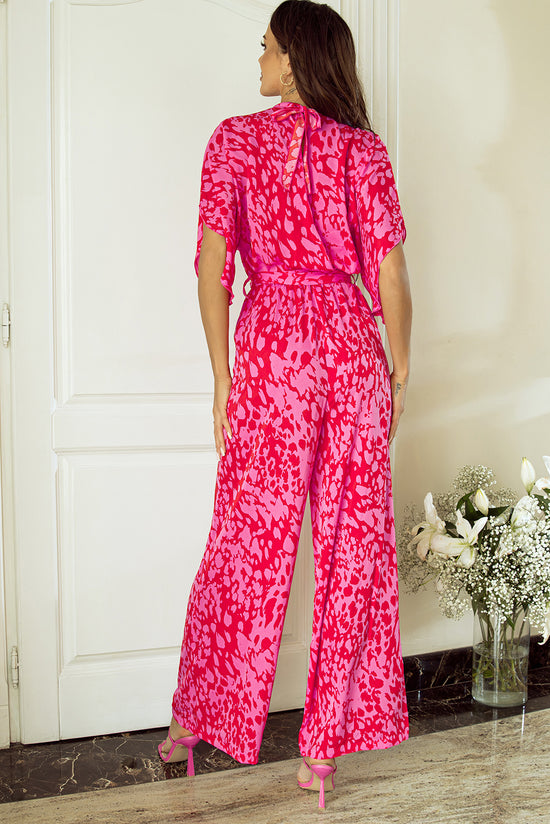 Pink Leopard Jumpsuit with Loose Sleeves and Wide Leg Belt