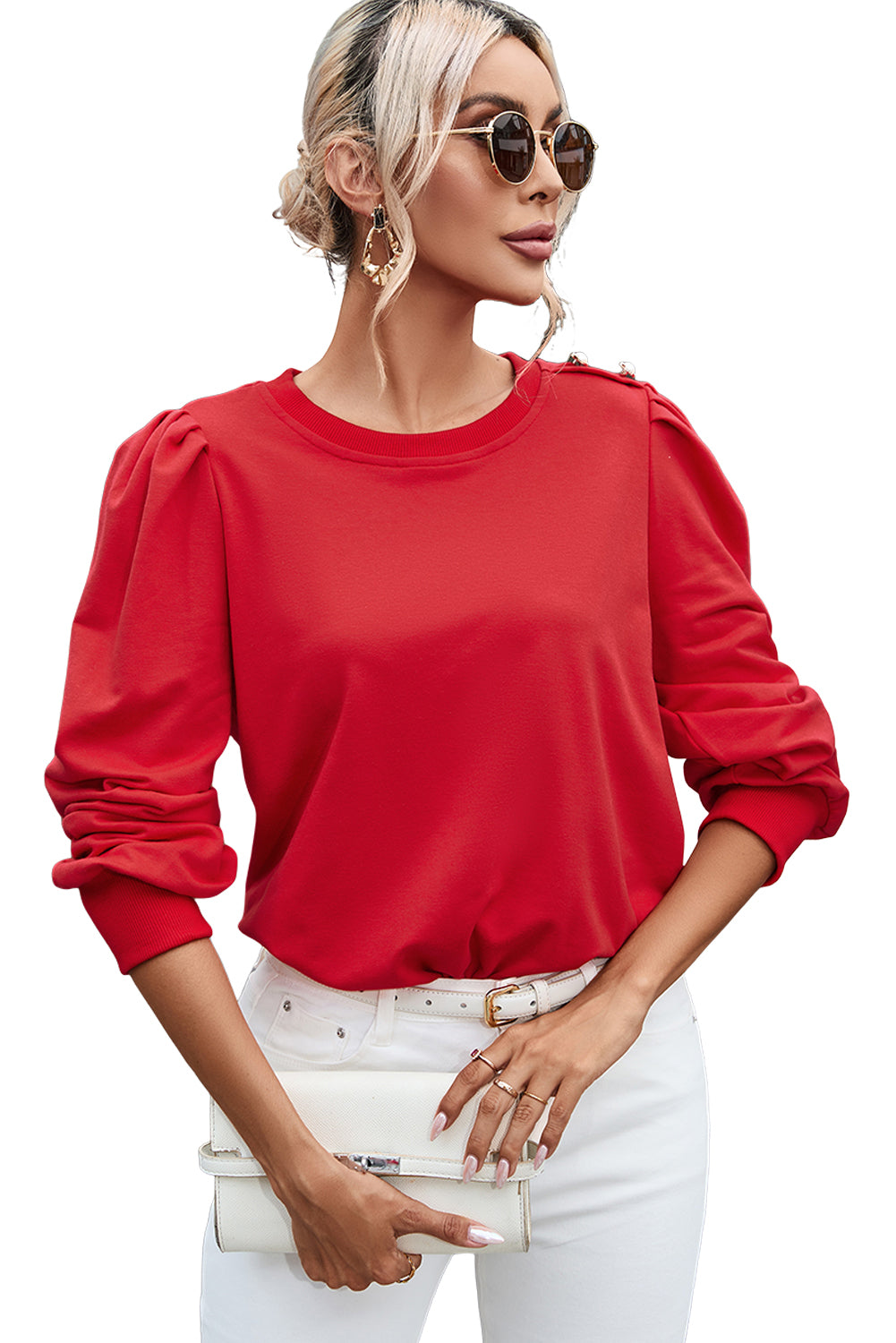 Fiery Red Button Tab Detail Long Sleeve Top