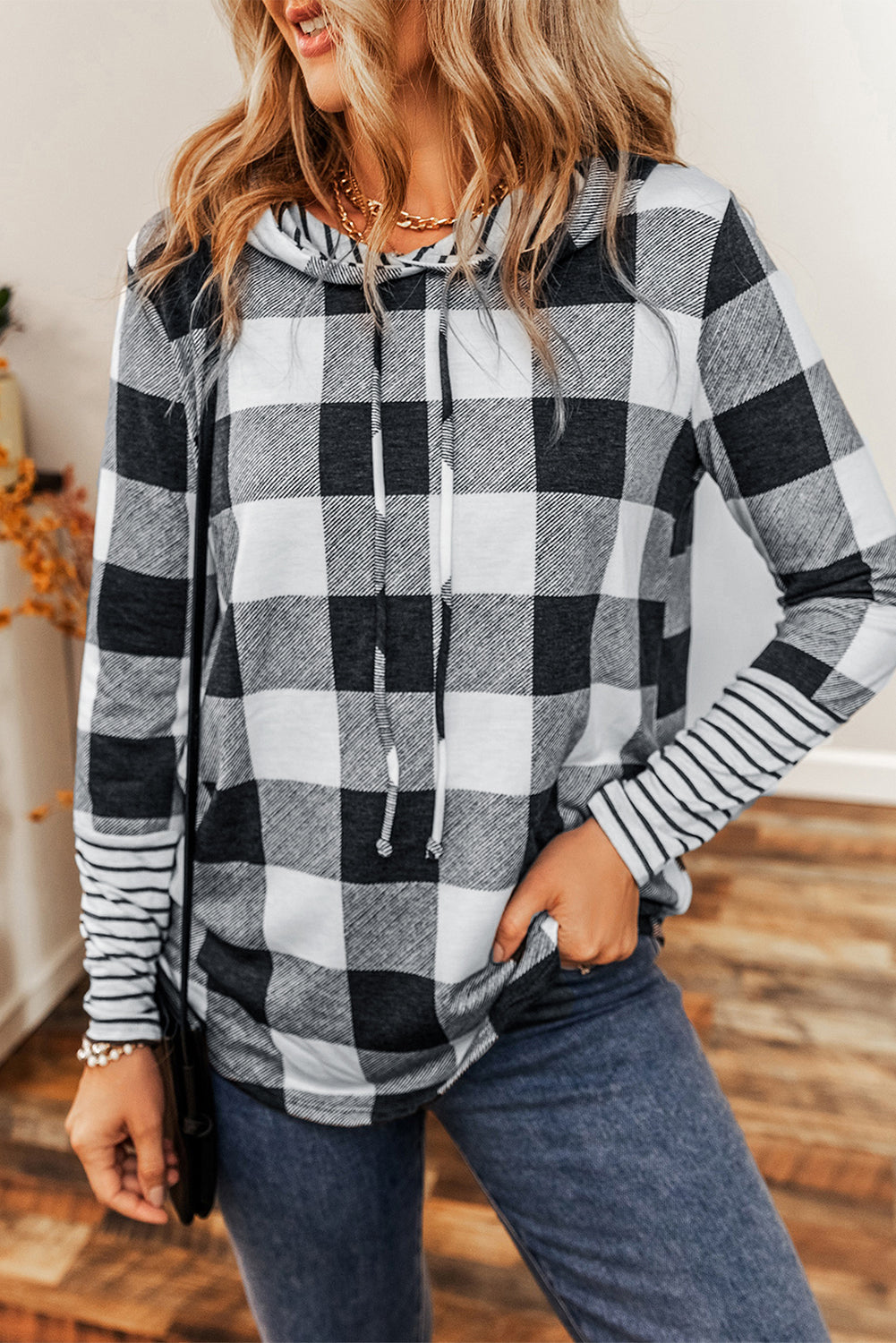 Multicolierer Plaid Striped Patchwork Draw String Hoodie