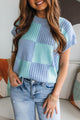 Short -sleeved and checkered neck sweater *