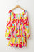 Multicolored dress with abstract print, puff sleeves, smocked, square neck