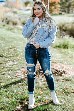 Plus Size Blue Leopard Ripped Short Denim Jacket