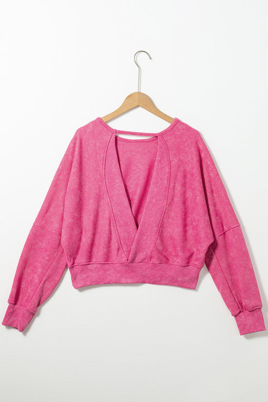 Pink Acid Wash Open Back V-Neck Sweatshirt