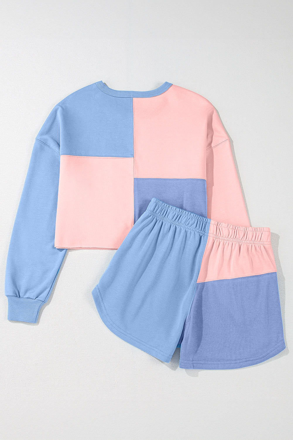 Sky Blue Color Block Patchwork Long Sleeve Shorts Outfit