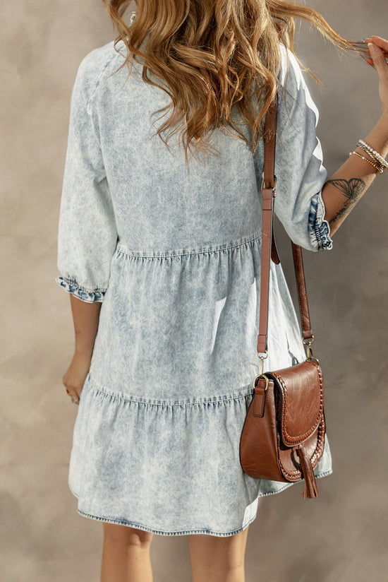 Retro Mid Sleeve Acid Wash Flare Denim Dress in Dusk Blue