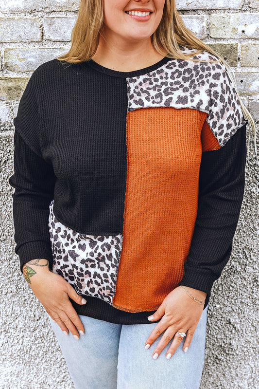 Black Orange Orange Coloterblock Leopard Patchwork Waffle Knit Plus Size Top