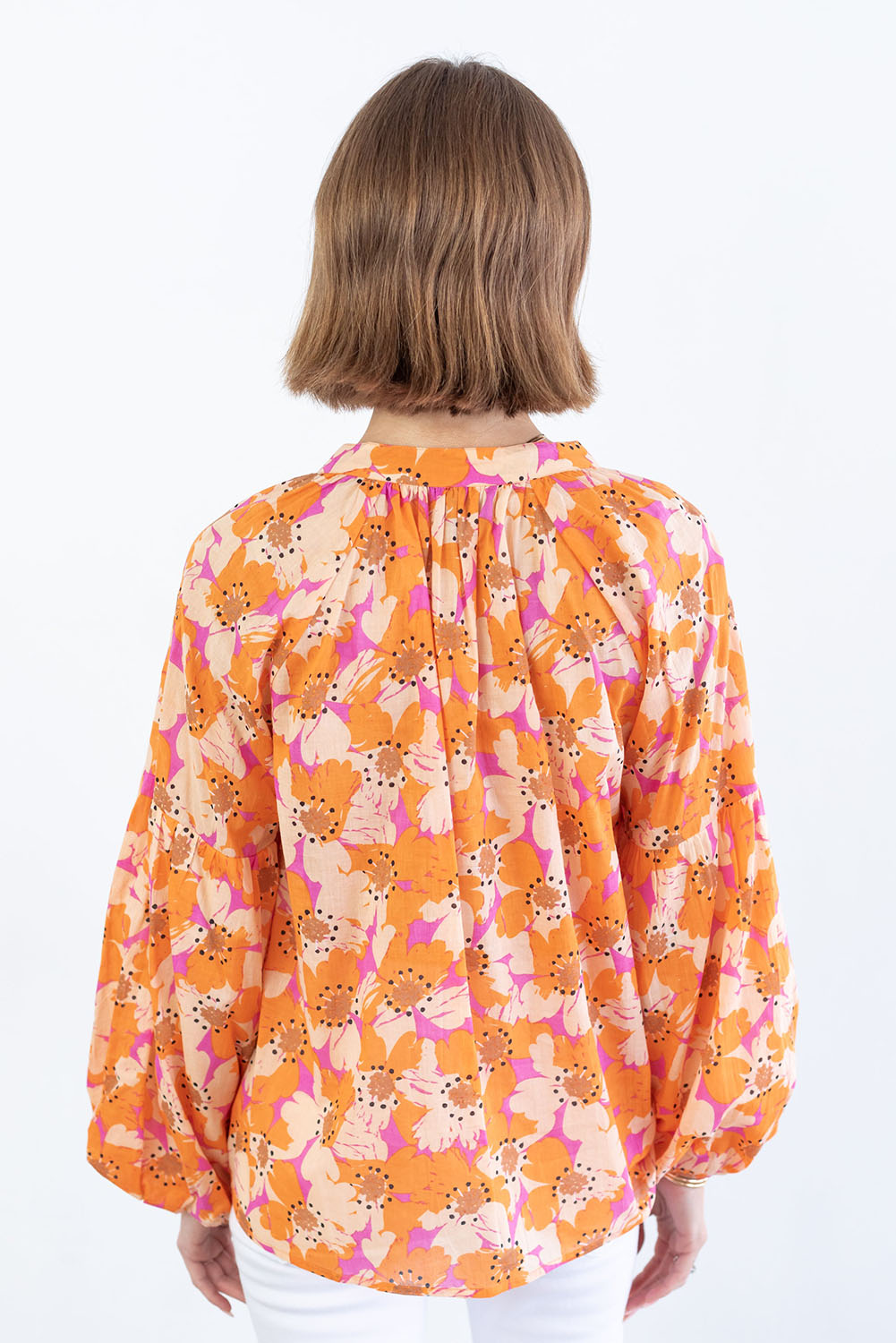 Orange Floral Print Loose Sleeve Shirt