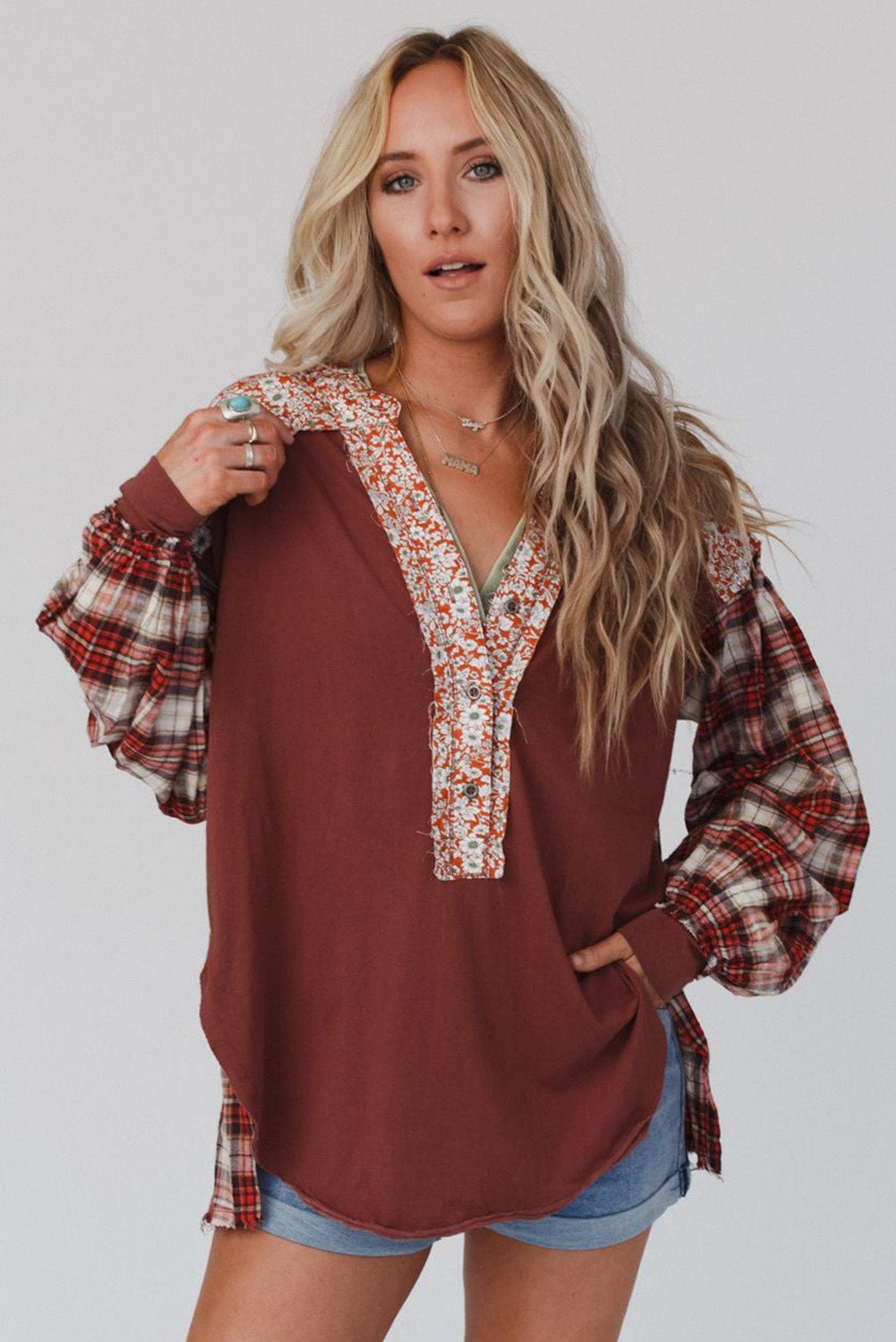 Fiery Red Floral Plaid Mixed Print Bishop Sleeve Patchwork Top