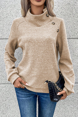 Apricot textured mock neck sweatshirt with asymmetrical buttons