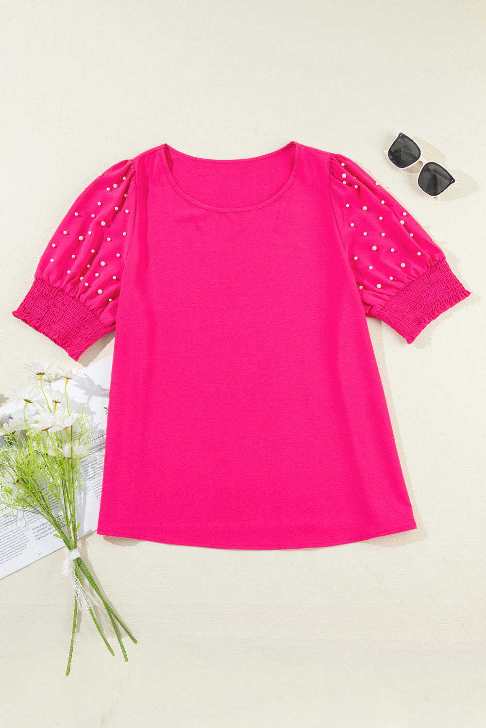 Rose Red Pearl Detail Puff Sleeve plus taille de taille