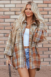 Khaki color block plaid patchwork high low shacket