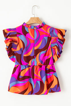 Orange peplum blouse with abstract print and floating sleeves