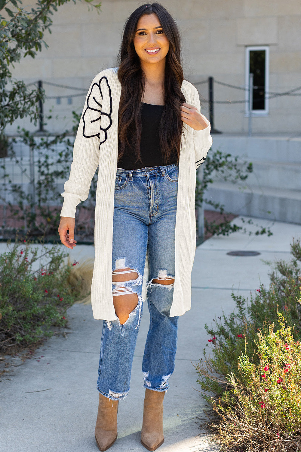 Beige floral embroidered drop shoulder open front cardigan