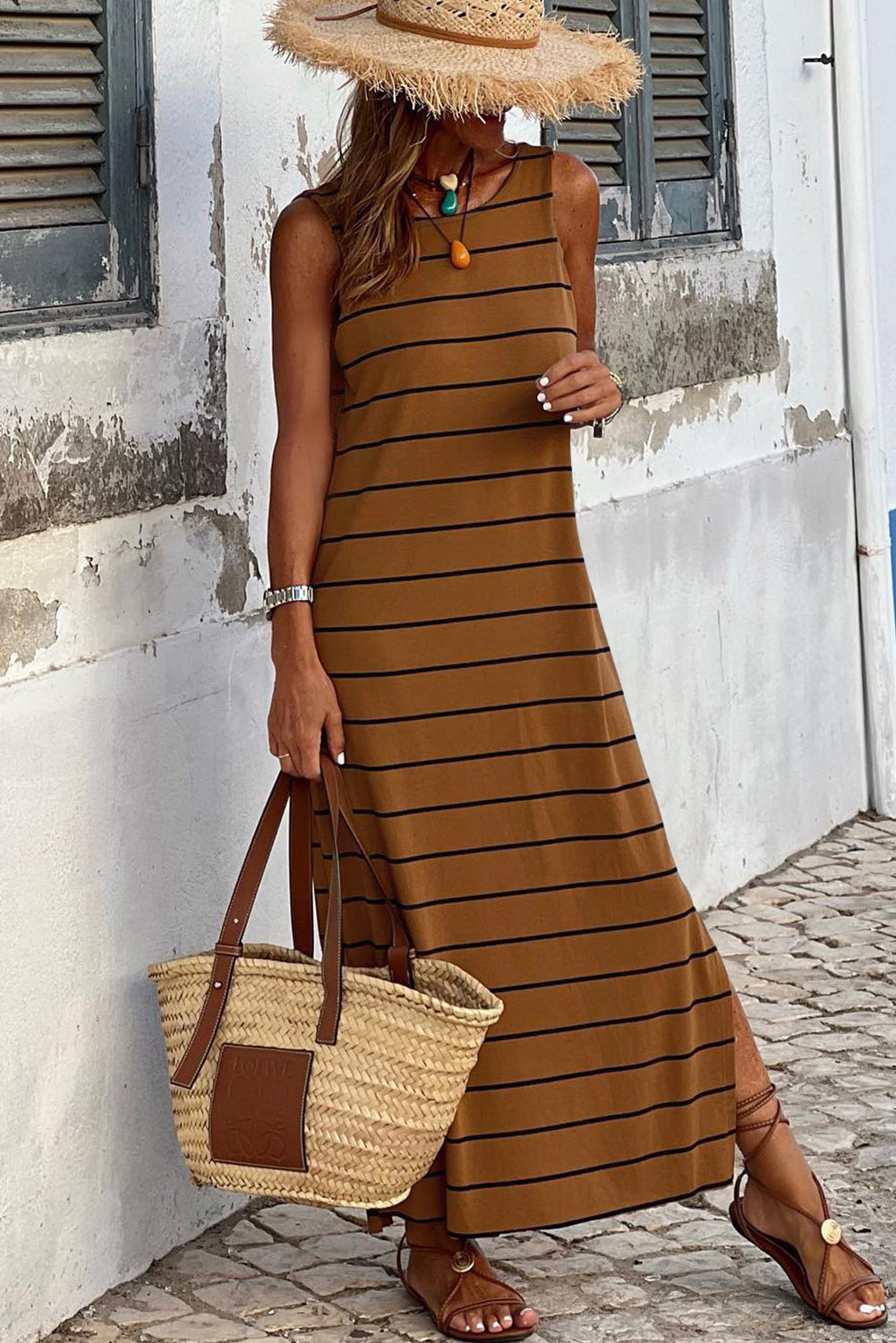 Brown Striped Print Sleeveless Backless Maxi Dress with Slits