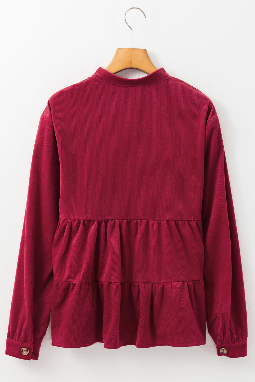 Burgund Cord Ruffle Stufe Buttoned O Halshemd