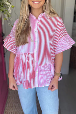 Shirt buttoned with pink stripes and ruffled hem in patchwork