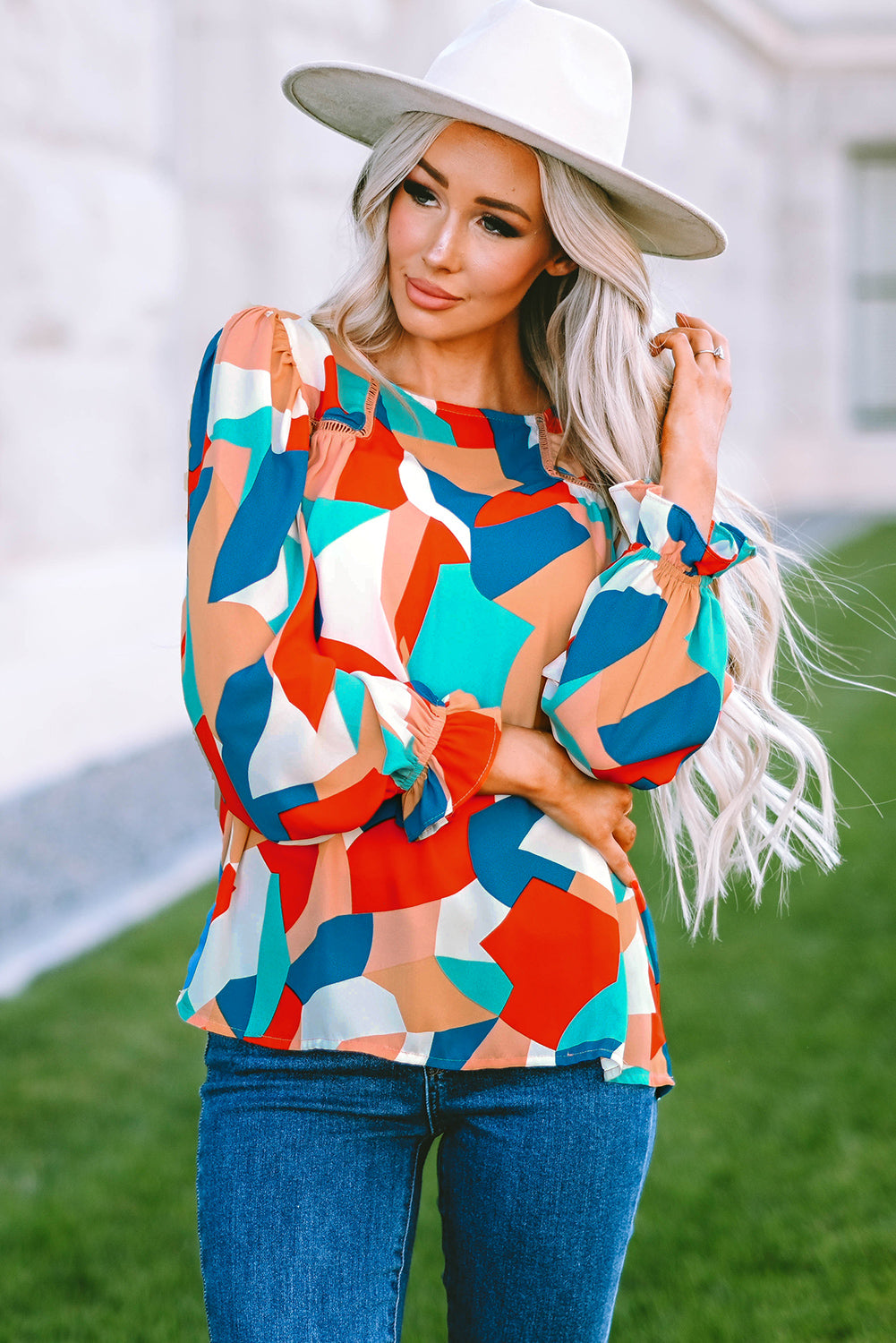 Multicolore Abstract Pattern Crewnack Clewle Sholeve Blouse