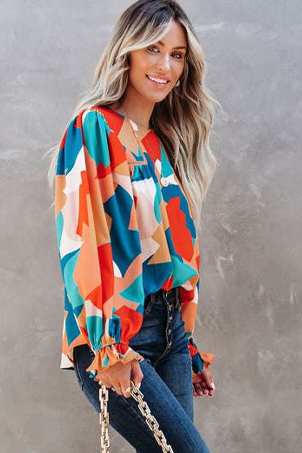 Multicolore Abstract Pattern Crewnack Clewle Sholeve Blouse