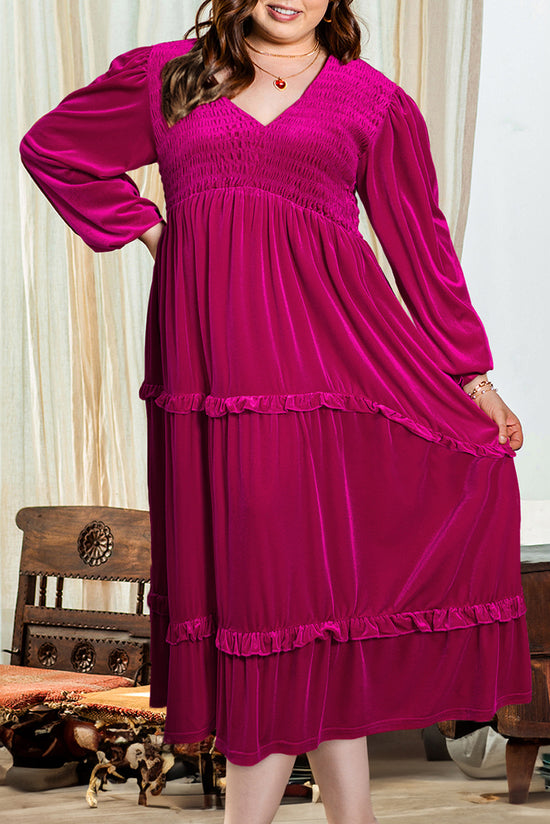 Long gathered dress with V -collar and ruffles in large velvet red pink size