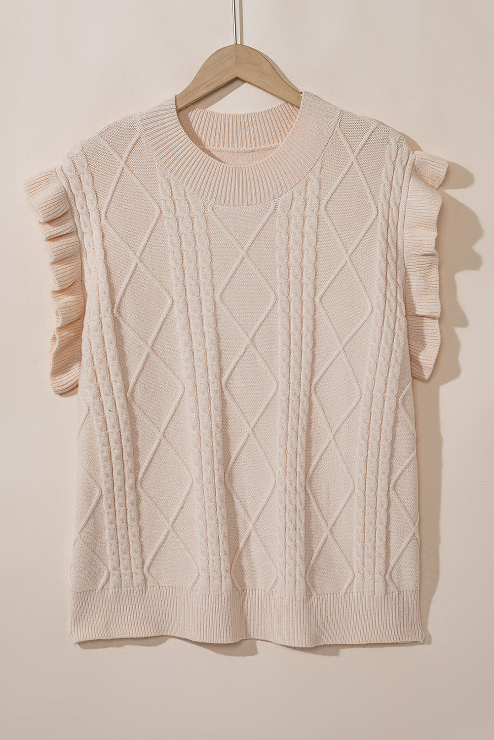 Pull à col montant et manches courtes à volants en tricot torsadé Oatmeal Plus