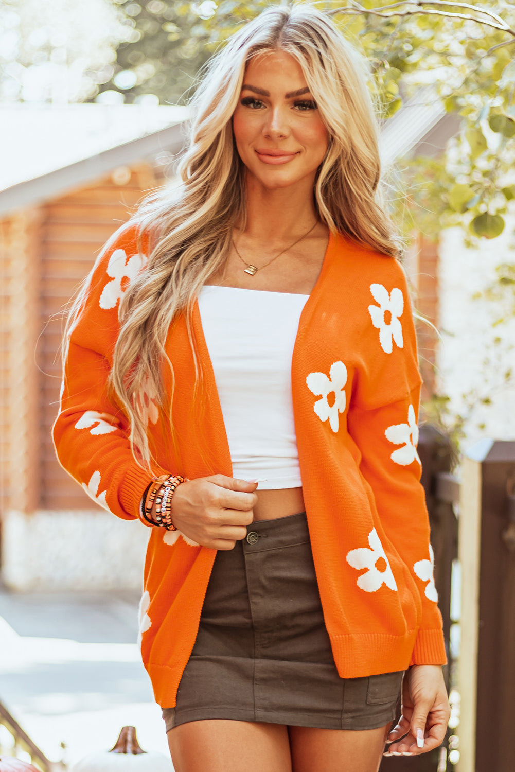 Cardigan ample tricoté à imprimé floral orange *-A WOMAN WE LOVE