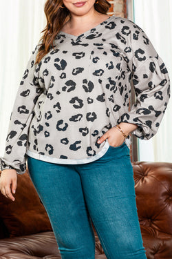 Gray thermal tricot high leopard with large balloon sleeves