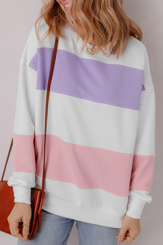 Beige crew neck sweatshirt with dropped shoulders in color block patchwork