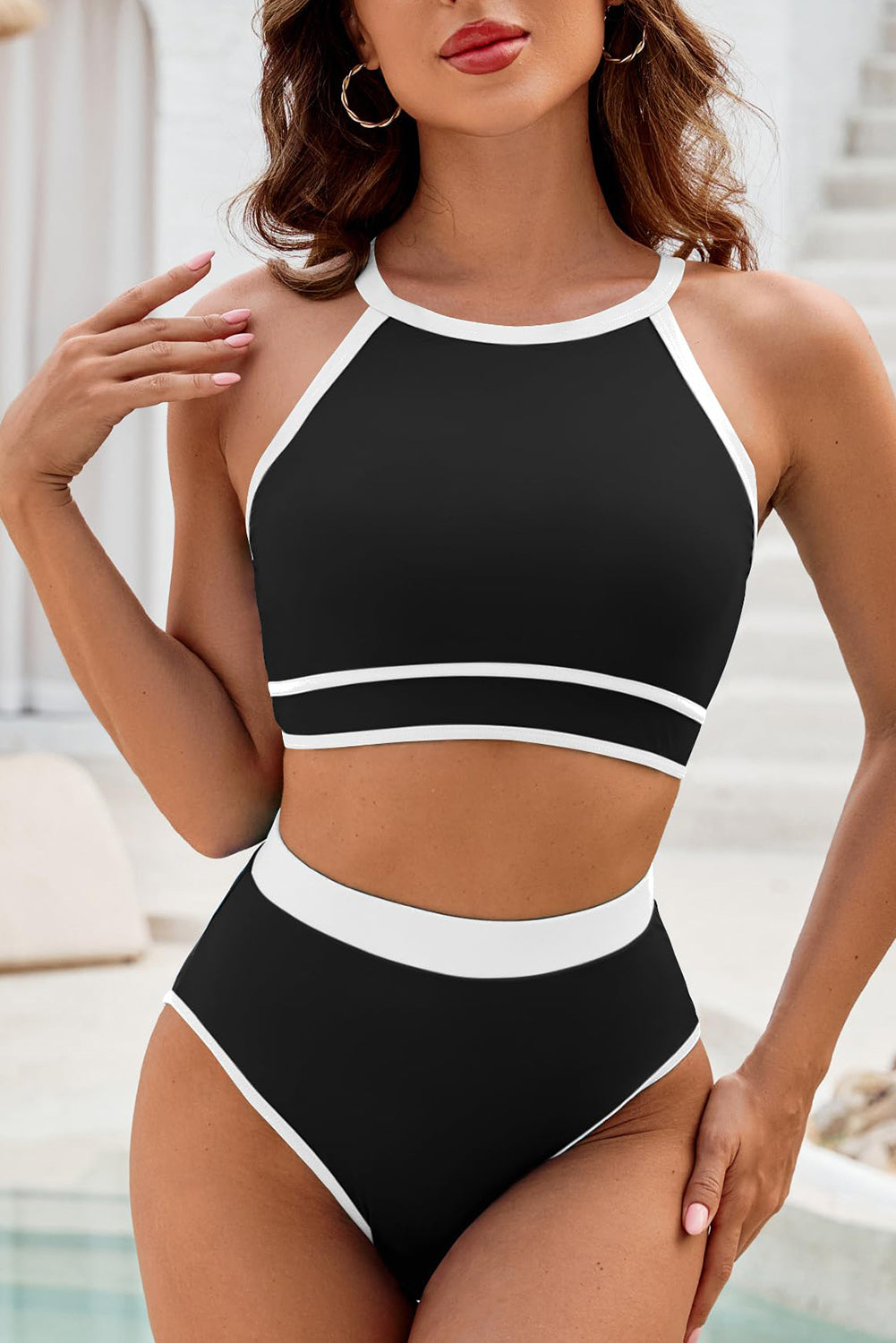 Black Contrast Trim Crisscross Back Bikini a vita alta