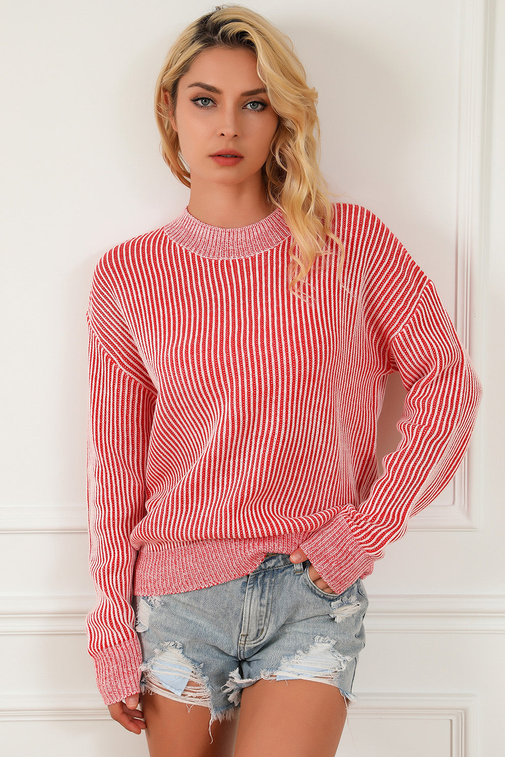 Striped Print Ribbed Crew Neck Sweater