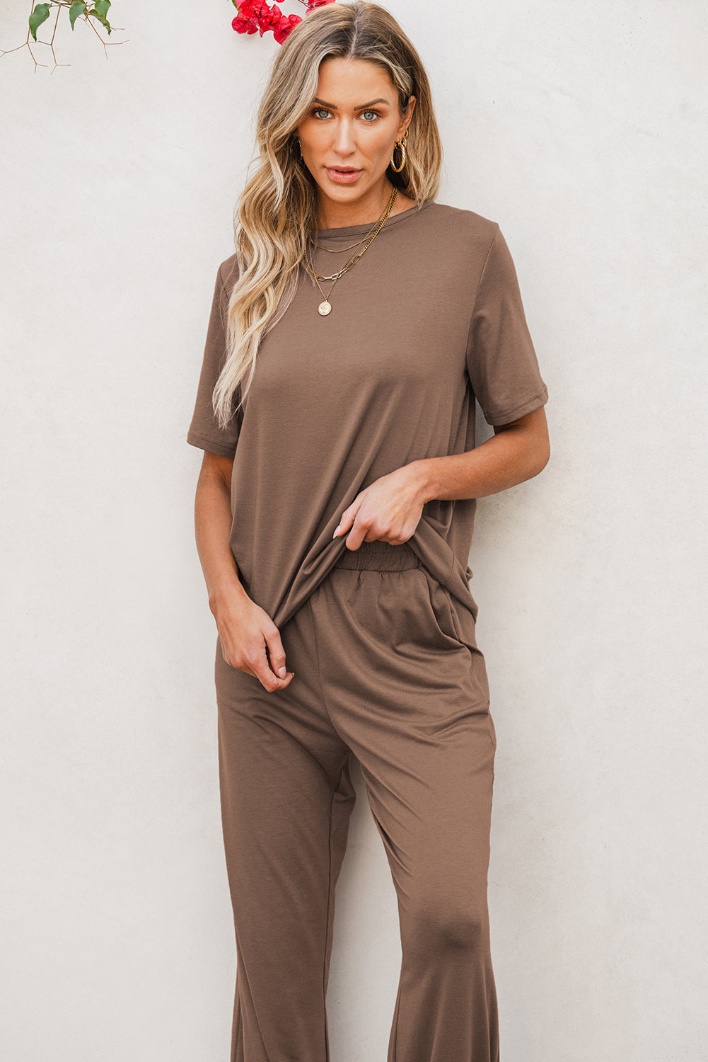 Smoke Gray Solid Color T-Shirt and Wide Leg Pants 2 Piece Set