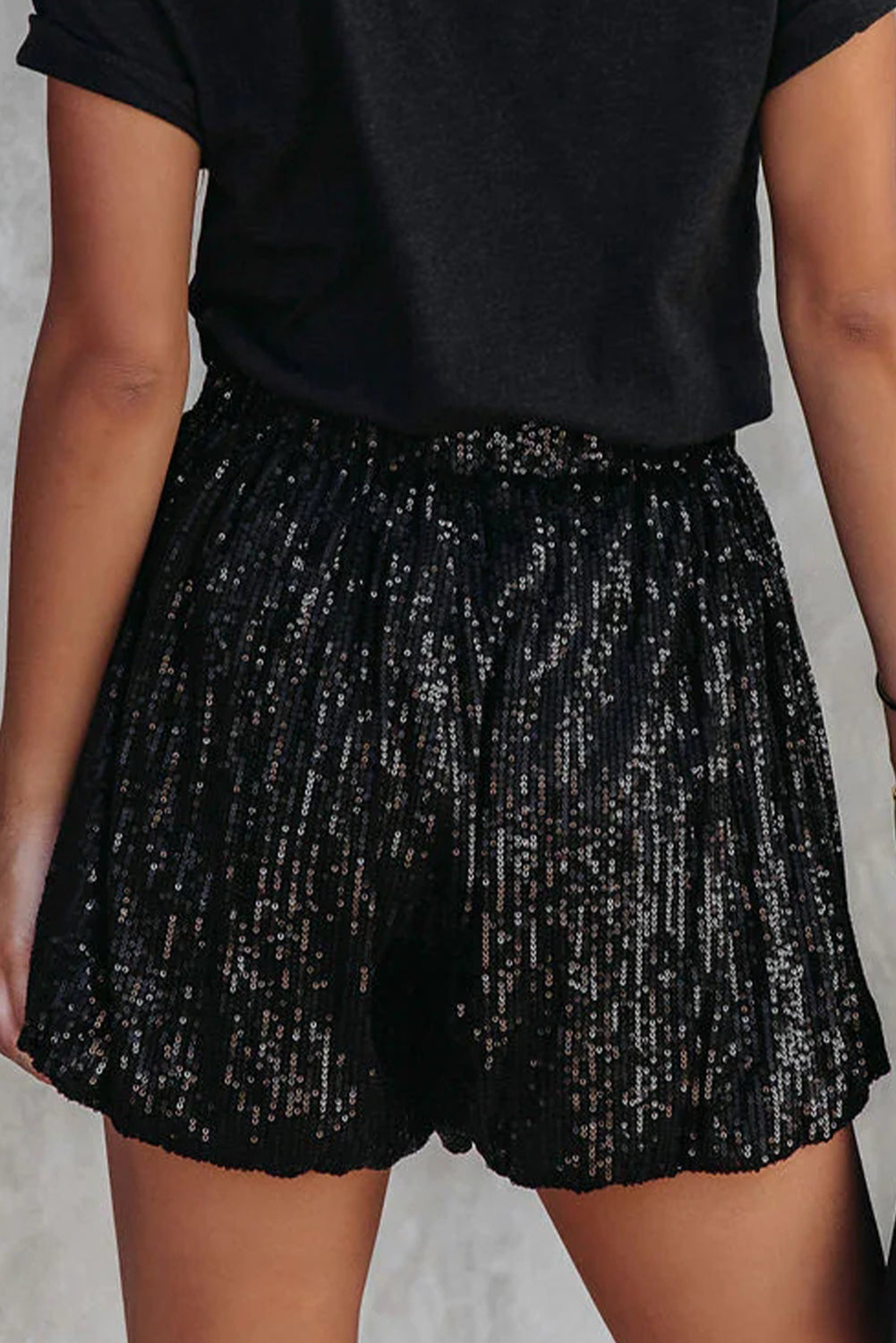 Black Sequin Straight Leg High Waisted Casual Shorts