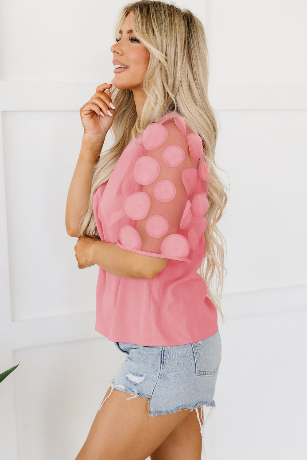 Chemisier à manches mi-longues en maille avec appliques contrastées rose poussiéreux