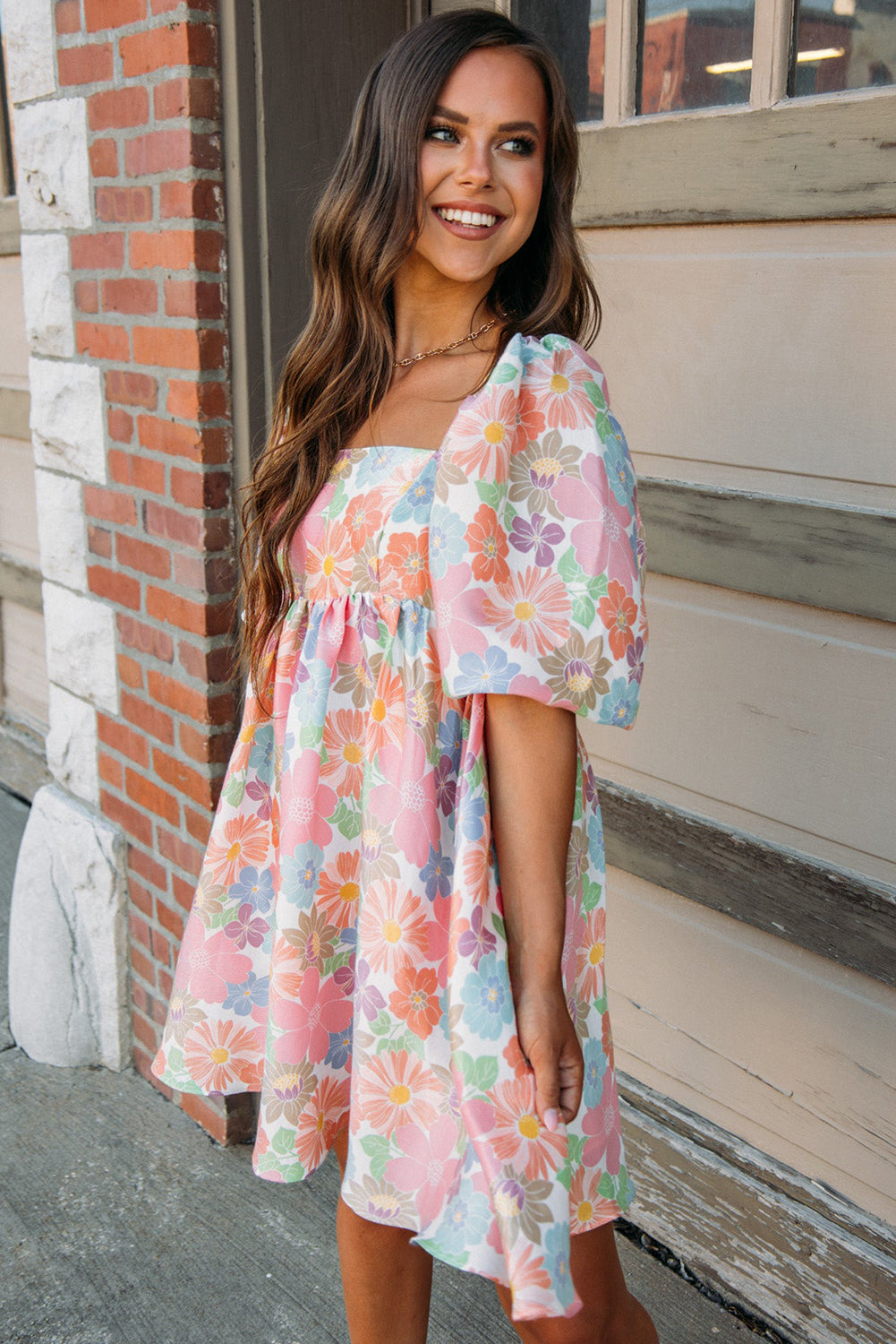 Pink floral summer babydoll dress, square neck, puff sleeves