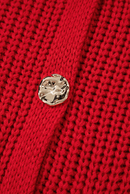 Buried -style buttoned knitted shot sweater with ardent red with side pockets