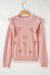 Light Pink Long Sleeve Ribbed Trim Sweater with Bow Tie and Ruffles