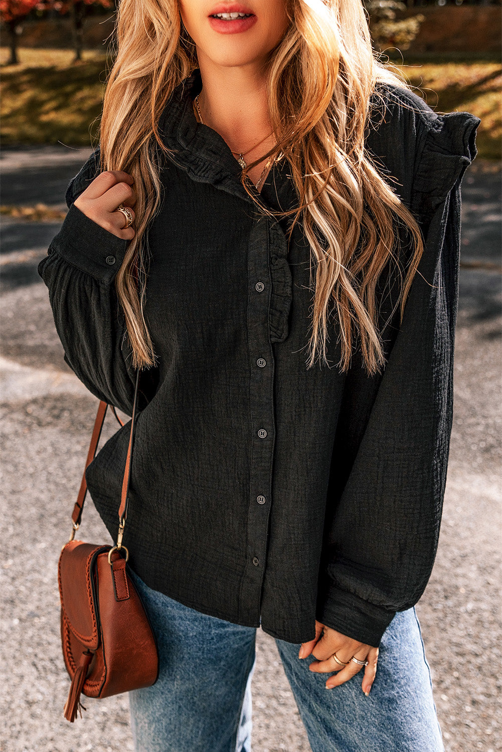 Black Textured Ruffled Trim Buttoned Loose Fit Shirt