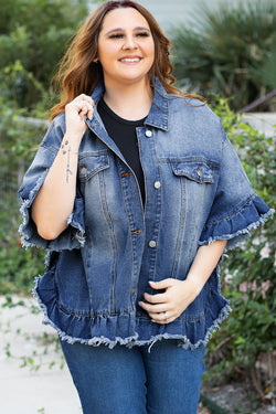 Plus Size Peacock Blue Frayed Short Sleeve Denim Jacket