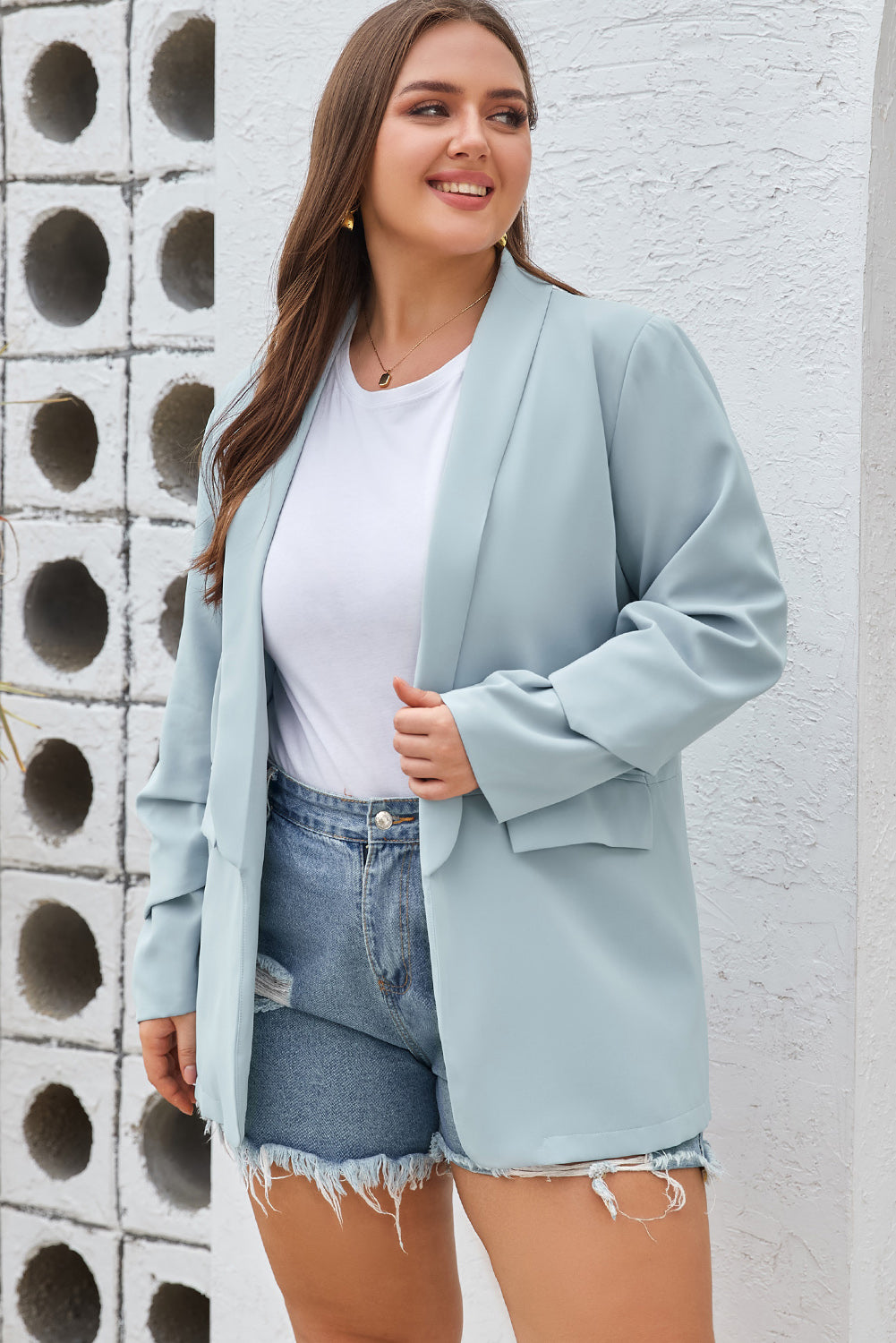 Sky Blue Plus size Blazer in tasca leggera leggera morbida