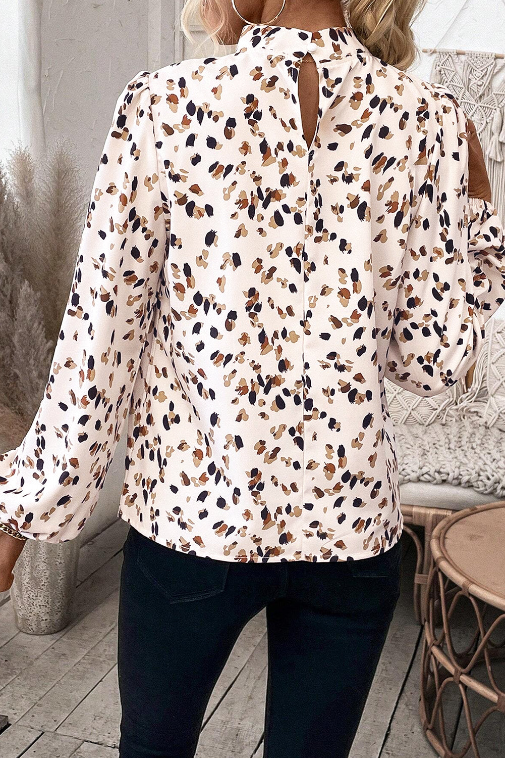 White Leopard Print Lantern Sleeve Mock Neck Pleated Blouse