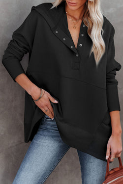 Black Henley Hoodie with Pockets and Batwing Sleeves