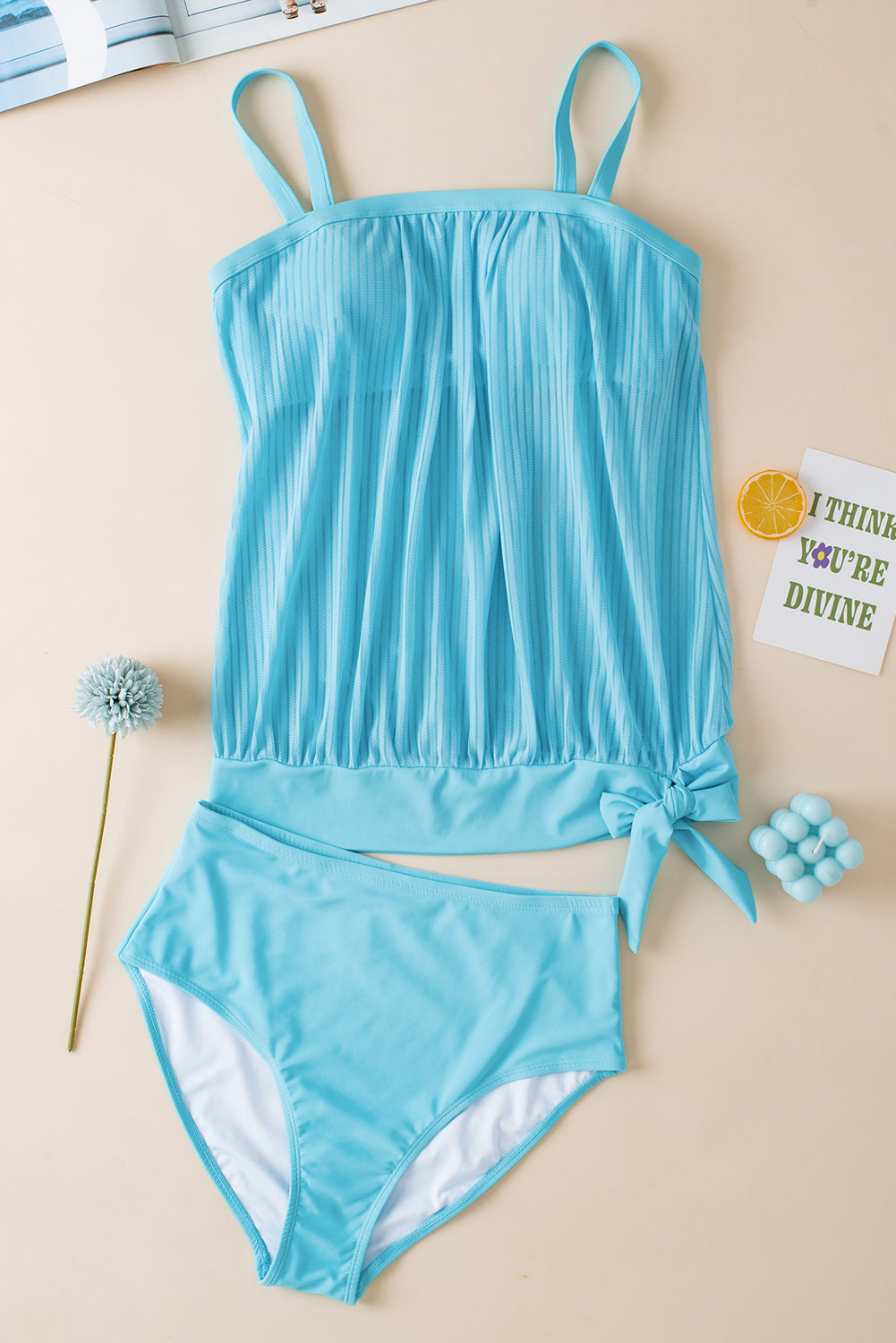 Maillot de bain tankini en maille rayée turquoise à ourlet noué