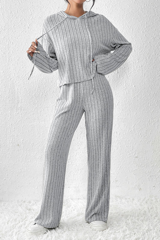 Grey Ribbed Knit Hooded Wide Leg Pant Set