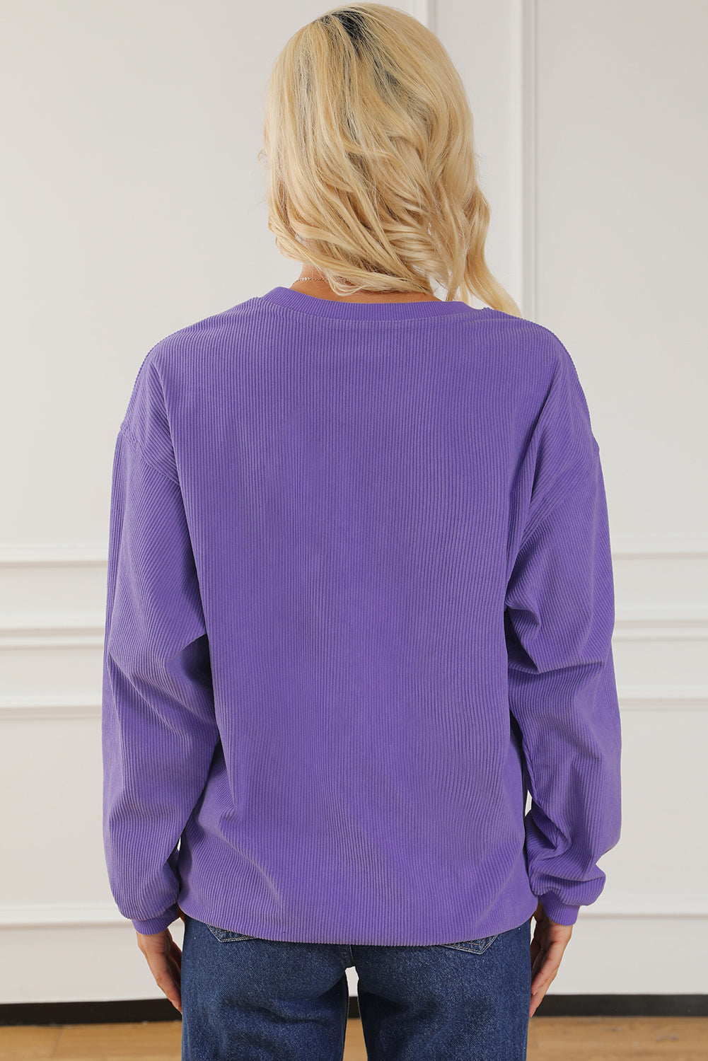 Purple Mama gerippte Crew Neck Pullover Sweatshirt