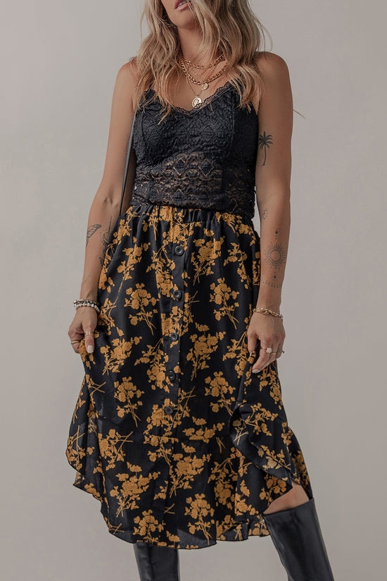 Elastic printed floral ruffle skirt and black buttons