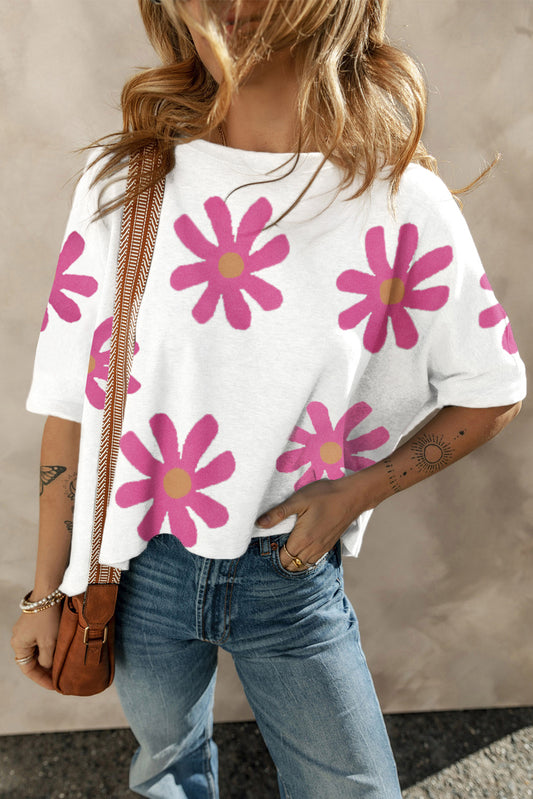 T-shirt décontracté imprimé de fleurs blanches imprimées