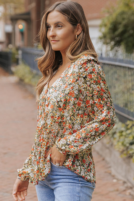 Babydoll khaki flower blouse with V -collar and ruffles