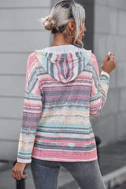 Multicolor Striped Printed Cable Knit Drop Shoulder Hoodie