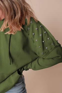 Vineyard Green Solid Color Rivets Raglan Sleeve Hoodie with Pocket