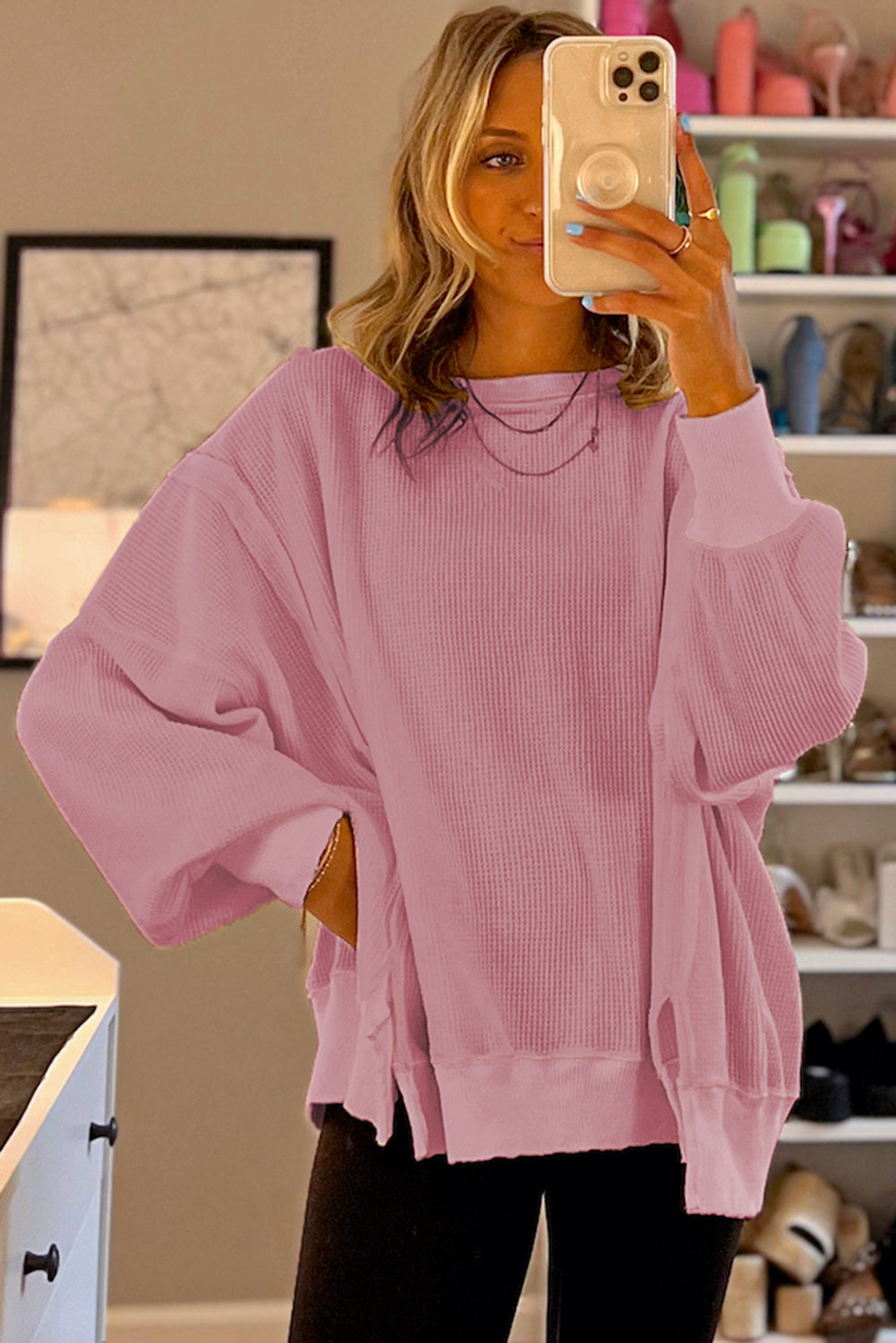 Haut oversize fendu à manches évêque en tricot gaufré rose